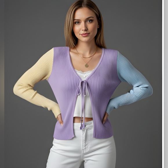 By Design Sweaters - Rib Knit Tie Front Color Block Cardigan